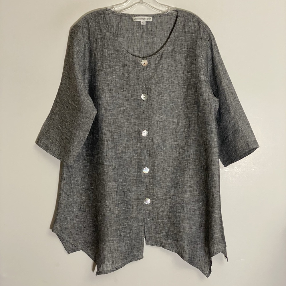 Christopher Calvin Top Womens Medium Gray Linen Asymmetric Lagenlook Coastal M
